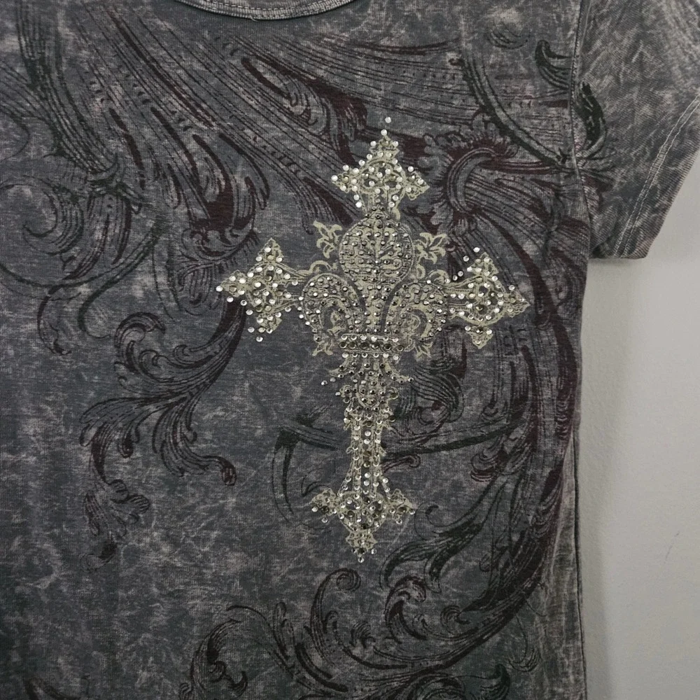 Cross Graphic T-Shirt Women Large Charcoal Wash Short sleeve Grunge - Picture 3 of 7